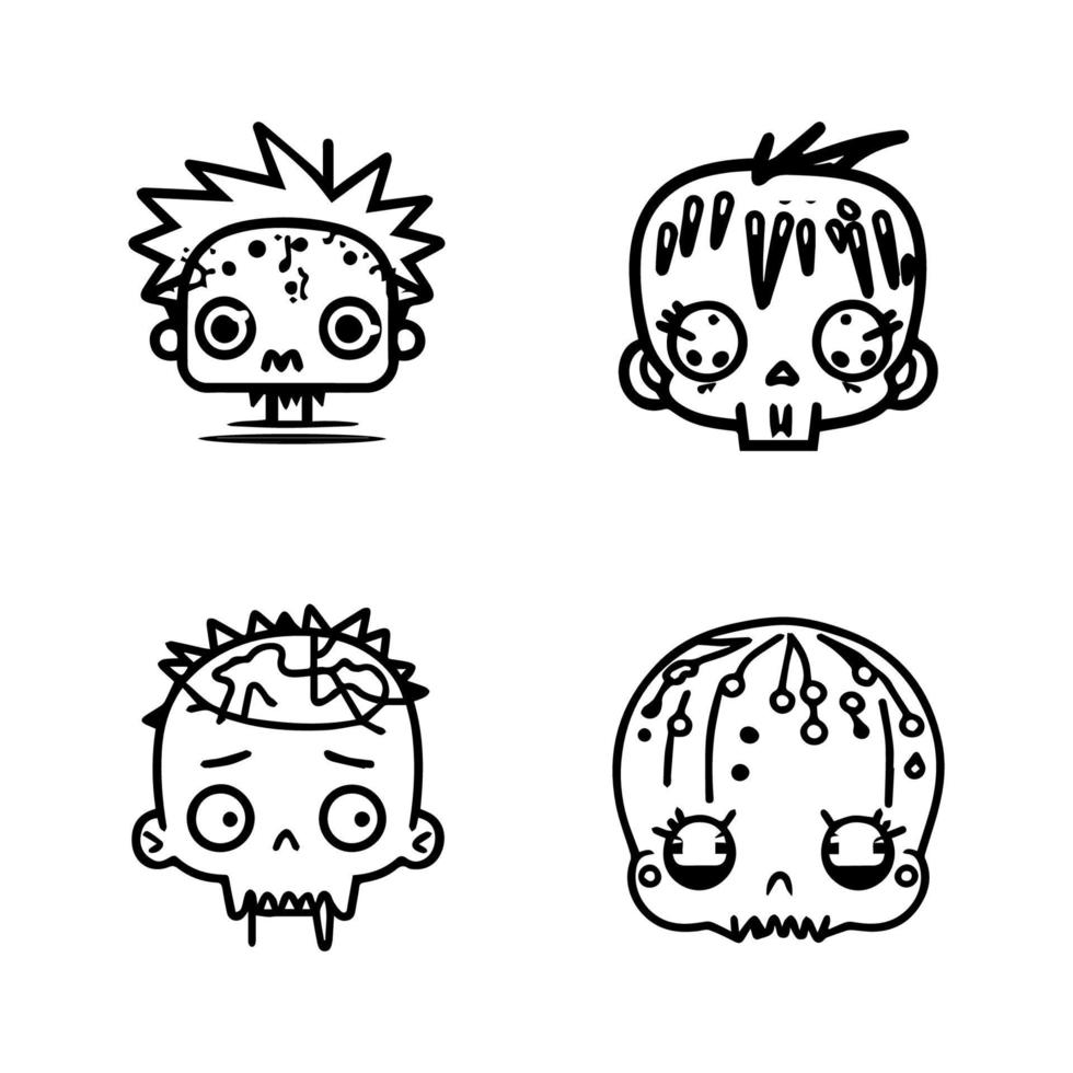 schattig kawaii zombie hoofd verzameling reeks hand- getrokken lijn kunst illustratie vector