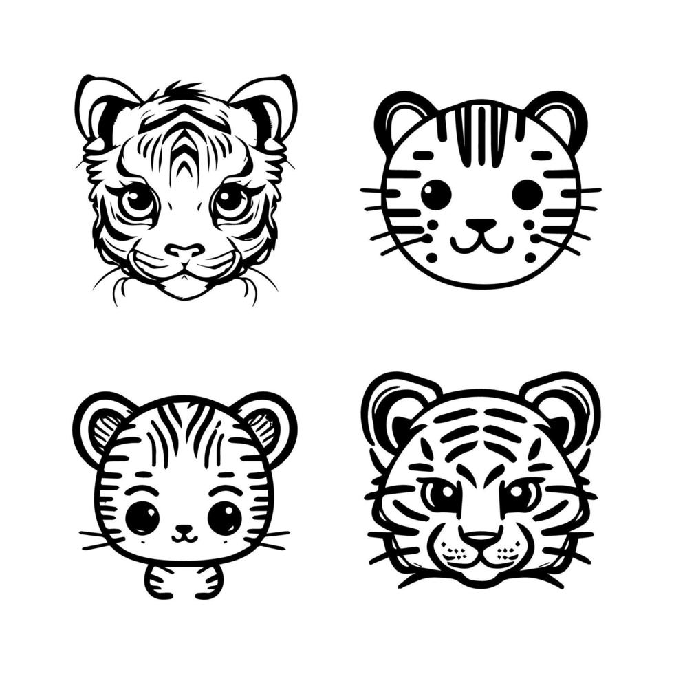 een reeks van hand- getrokken, schattig kawaii tijger hoofd logo's, met divers uitdrukkingen en poses in charmant anime stijl illustraties vector