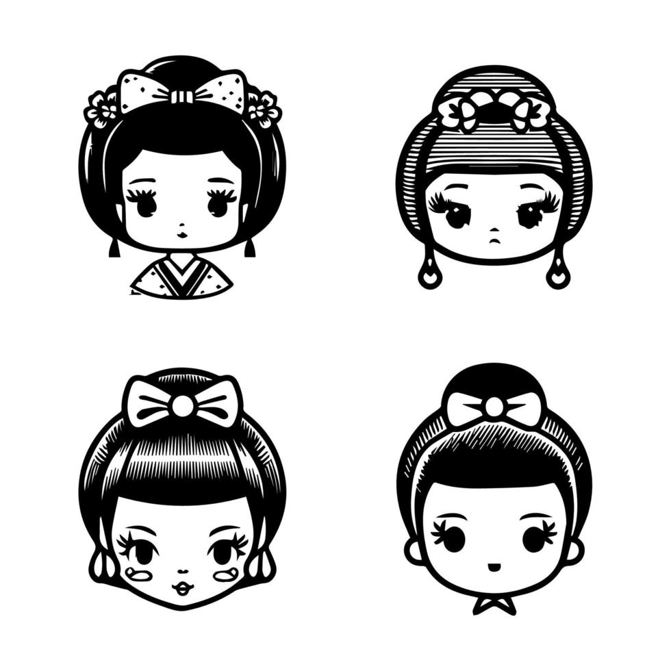 boeiend en charmant hand- getrokken kawaii verzameling reeks met schattig anime Japans geisha hoofden, presentatie van traditioneel elegantie en genade vector