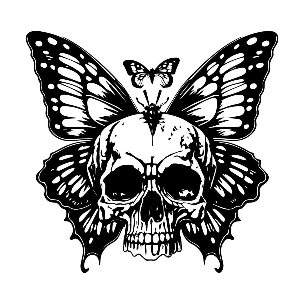 mooi en boeiend hand- getrokken lijn kunst illustratie van een schedel hoofd en vlinder, oproepen tot een zin van transformatie en schoonheid in de gezicht van duisternis vector