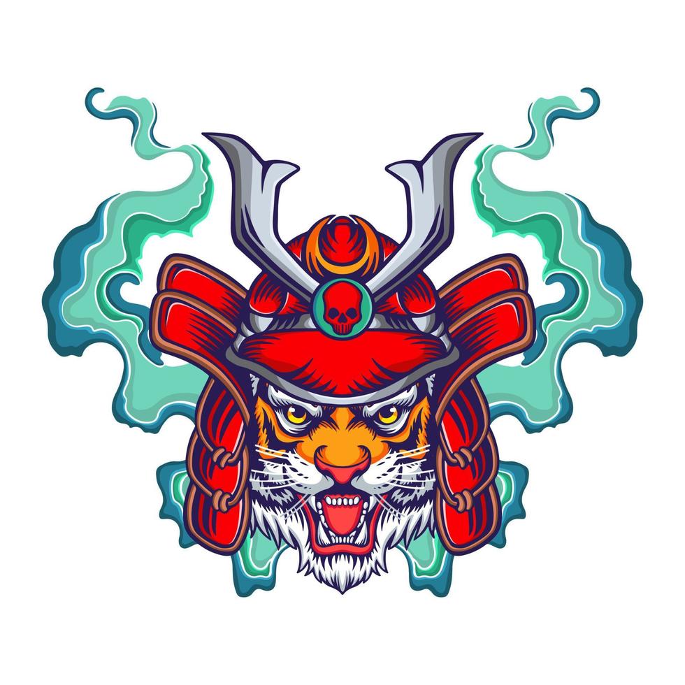 vector illustratie van een tijger in een samurai helm