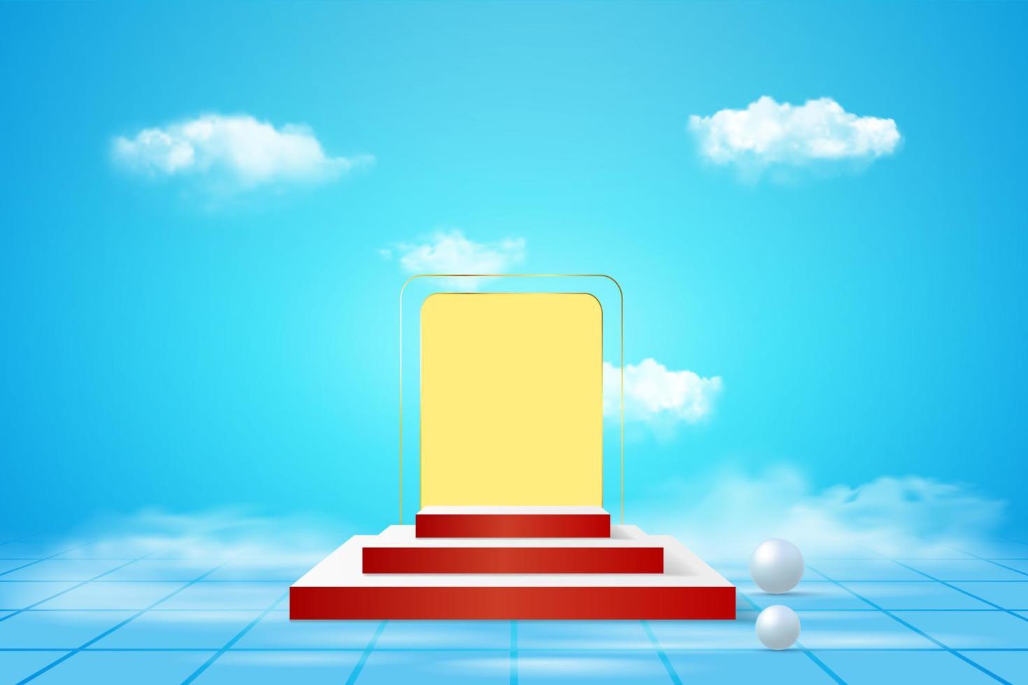 Product Scherm podium versierd met realistisch wolk en goud kader Aan pastel achtergrond vector