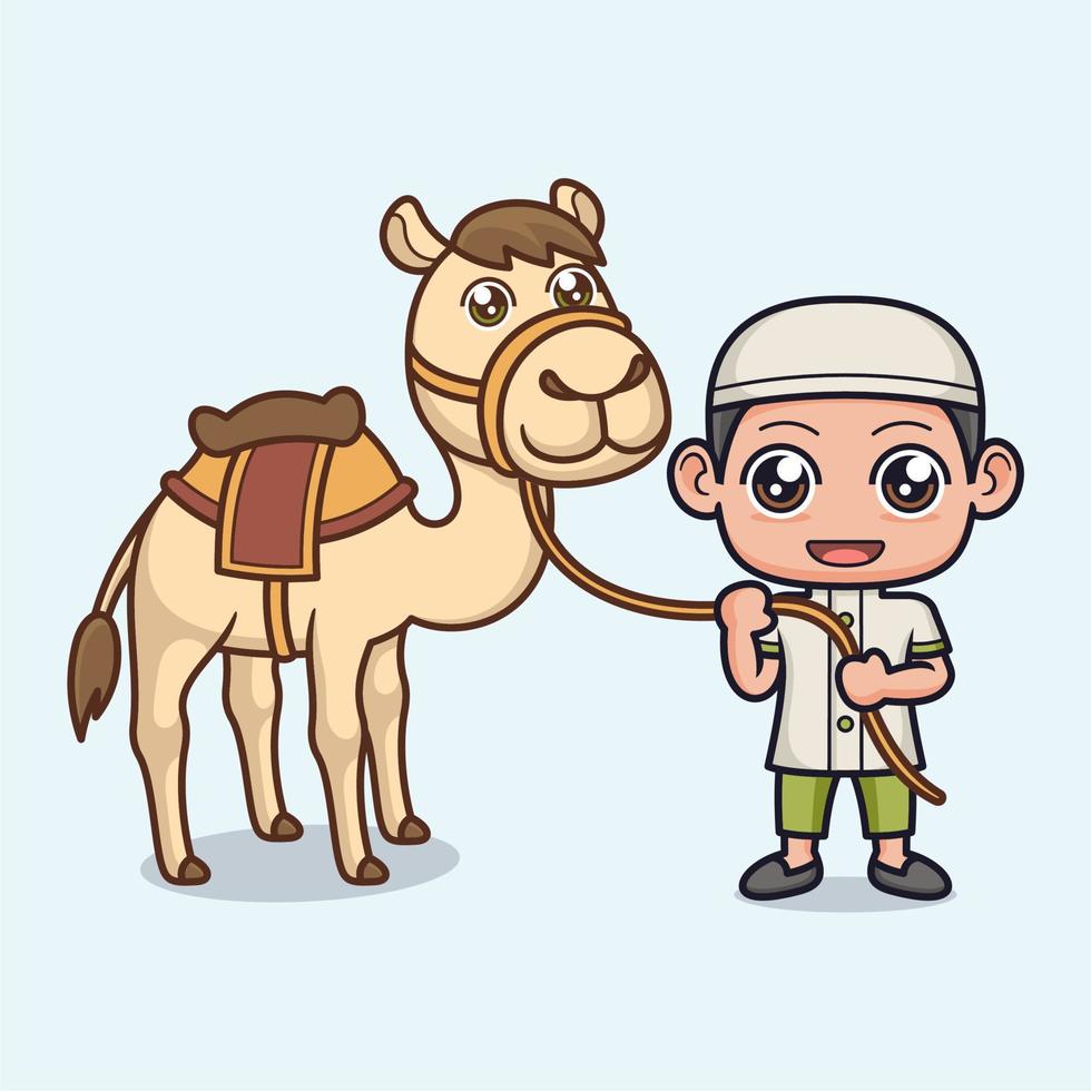 schattig moslim jongen tekenfilm met kameel vector
