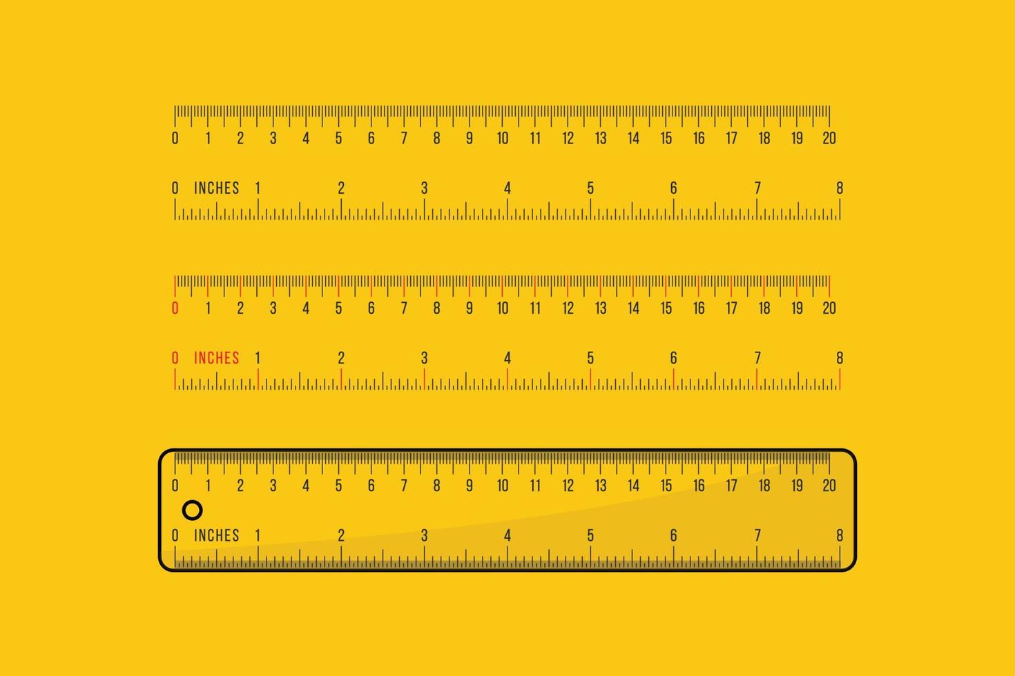 geel heersers, gemarkeerd in centimeter en inches vector