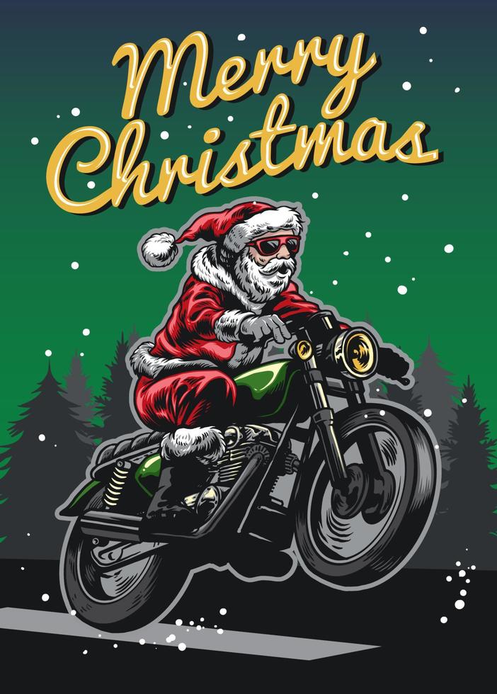 de kerstman claus rijden wijnoogst motorfiets in groet kaart ontwerp vector