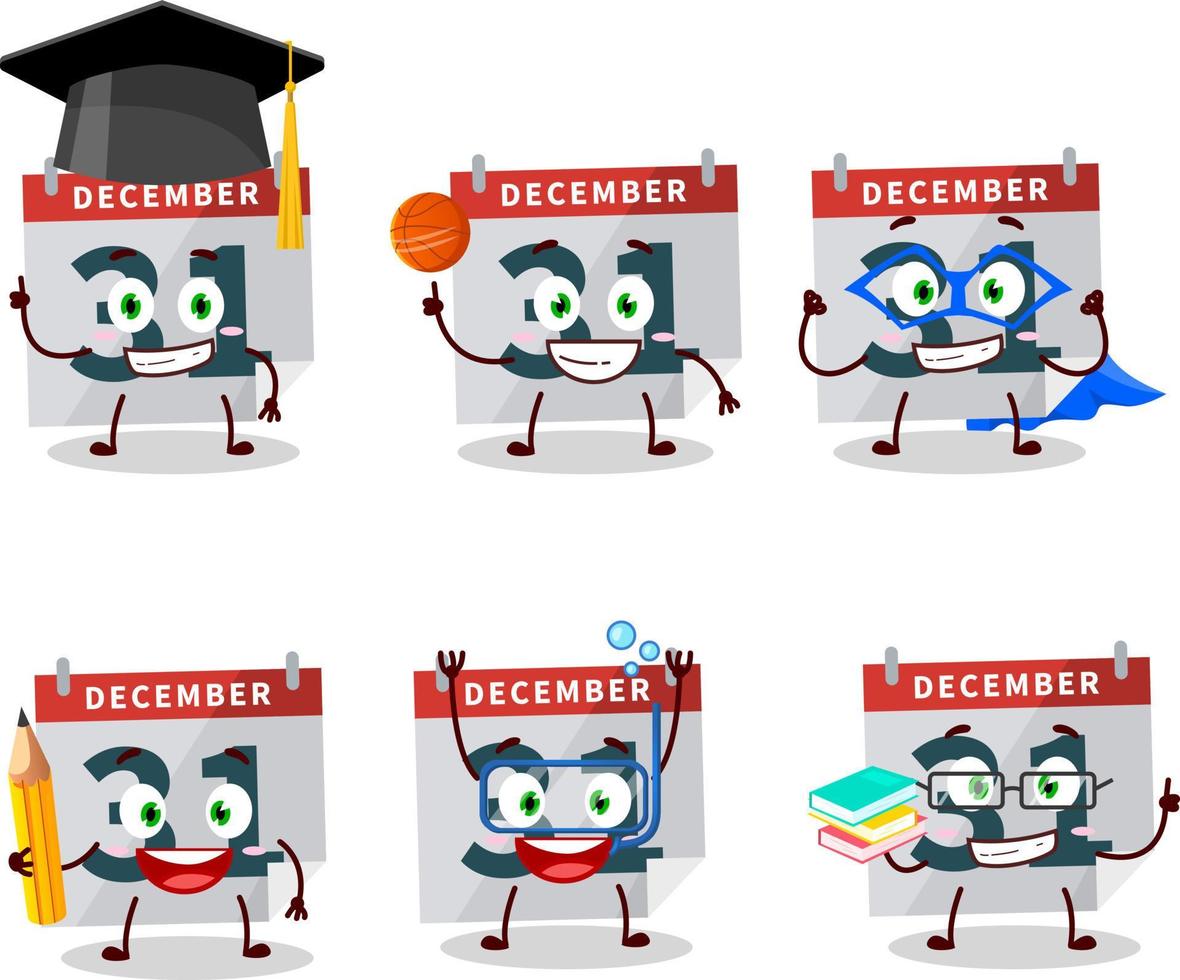school- leerling van december 31e kalender tekenfilm karakter met divers uitdrukkingen vector