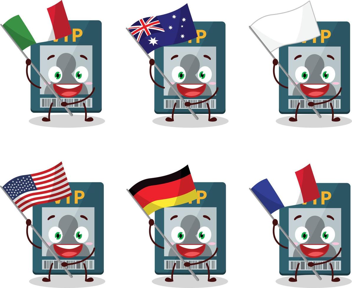 vip kaart tekenfilm karakter brengen de vlaggen van divers landen vector