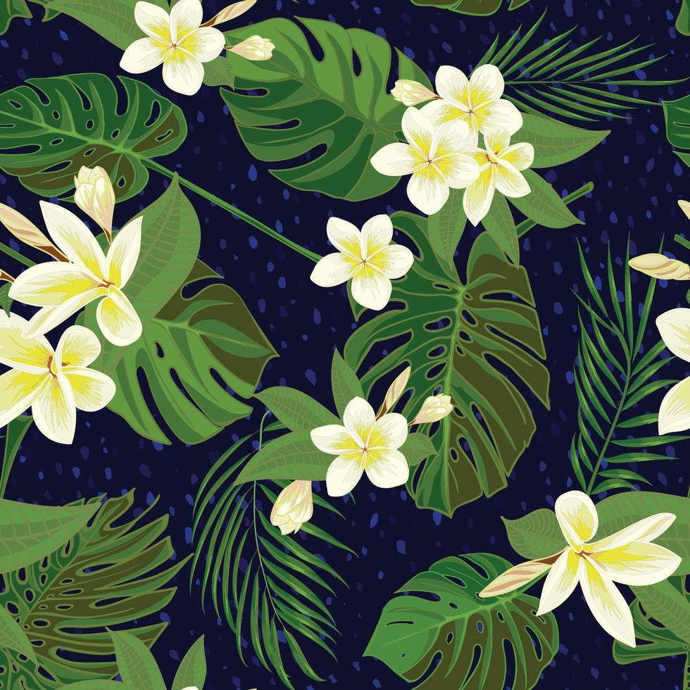naadloos hand- getrokken tropisch patroon met palm bladeren, oerwoud exotisch blad Aan donker achtergrond vector