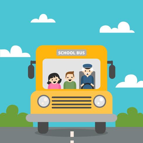 Leuke schoolbus met natuurscène met kinderen en oude man binnen naar terug naar school vector