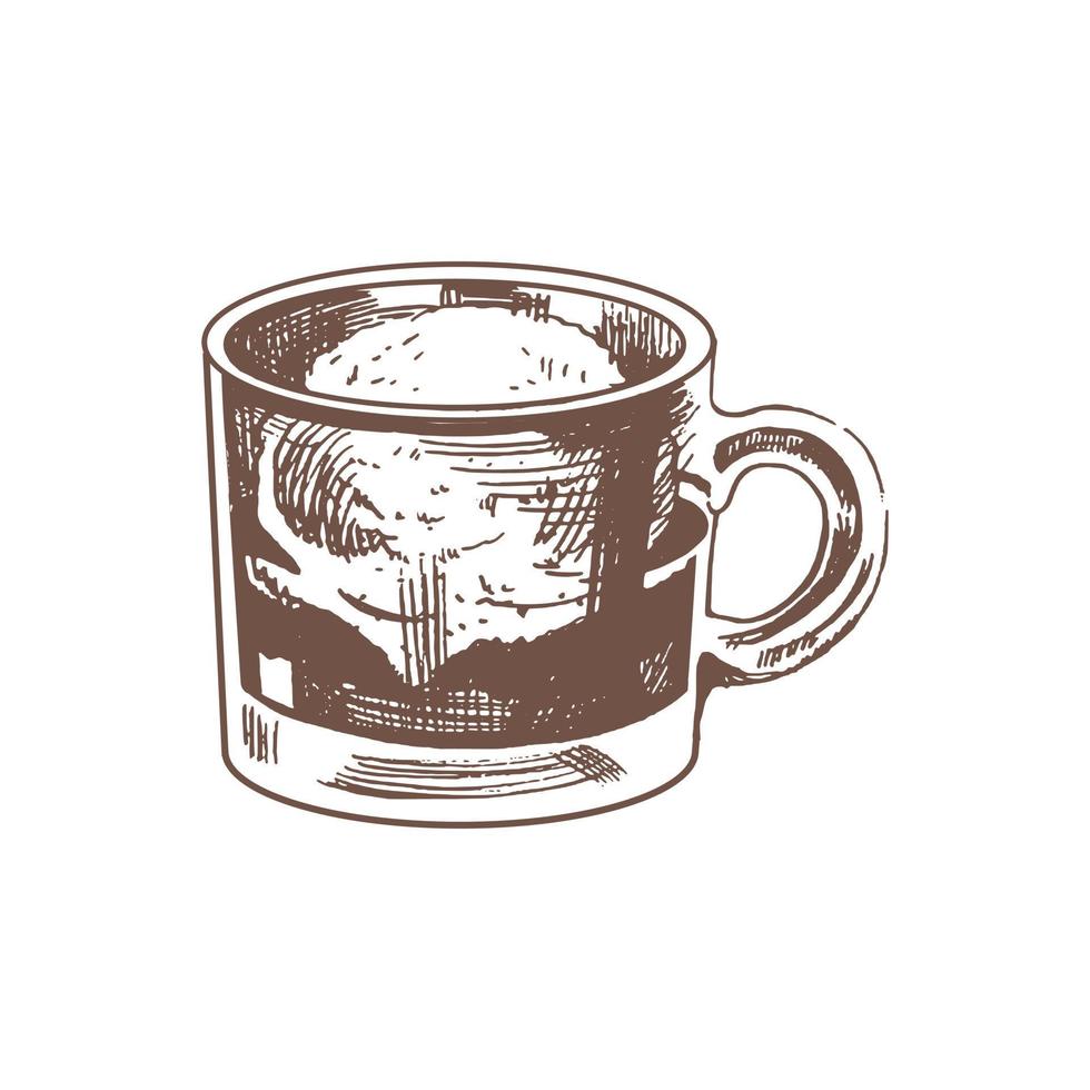 een hand getekend schetsen van affogato koffie met ijs room Aan een glas beker. wijnoogst illustratie, tekening. element voor de ontwerp van etiketten, verpakking en ansichtkaarten. vector