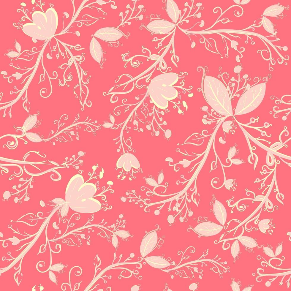 roze botanisch naadloos patroon met bladeren, takken en bloemen. repetitieve achtergrond met bloemen- en lentemotieven. elegant en delicaat behang met natuurlijke elementen. vector