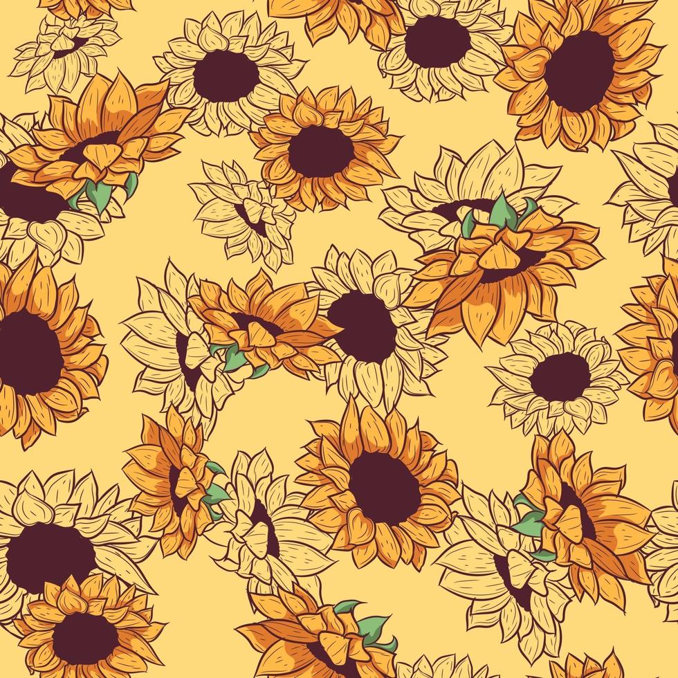 geel naadloos patroon met zonnebloem tekeningen en schetsen. repetitieve achtergrond met zomerbloemen en botanische elementen. behang met wilde bloemen vector