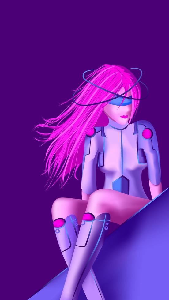 futuristische cyborgvrouw in een robotpak. digitaal en kunstmatige intelligentieconcept. mensachtige met roze haar in een stralende outfit vector