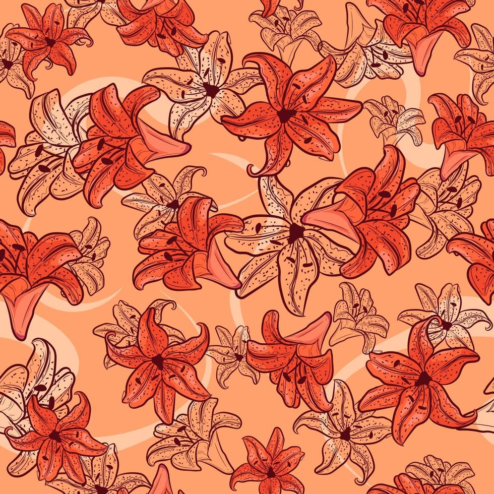 lente naadloze patroon met florale elementen en schetsen. repetitieve zomer achtergrond met oranje lelies en tulpen. natuurlijke en botanische textuur met gele bloemen. vector