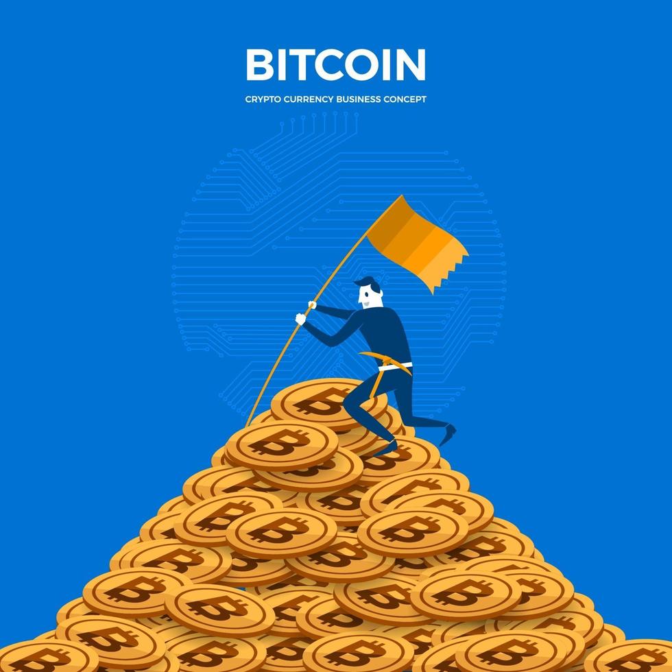 bitcoin mijnbouwconcept. de zakenman staat op een muntenberg vector