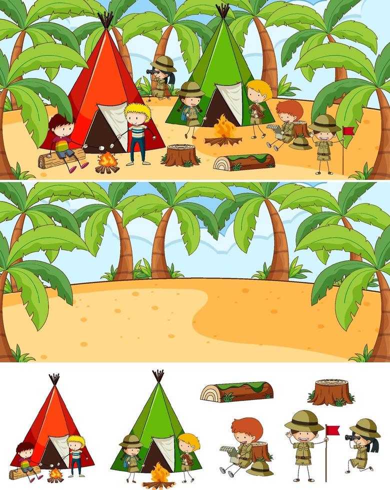 set van verschillende horizontale scènes achtergrond met doodle kinderen stripfiguur vector