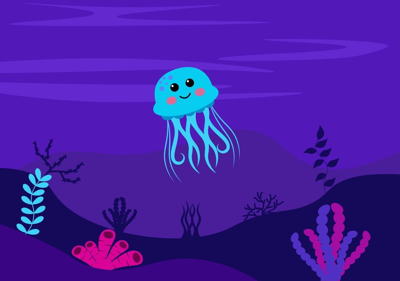 onderwaterlandschap en schattig dierenleven in de zee met zeepaardjes, zeesterren, octopus, schildpadden, haaien, vissen, kwallen, krabben. vector illustratie