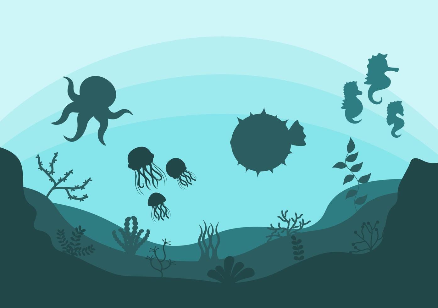 onderwaterlandschap en schattig dierenleven in de zee met zeepaardjes, zeesterren, octopus, schildpadden, haaien, vissen, kwallen, krabben. vector illustratie