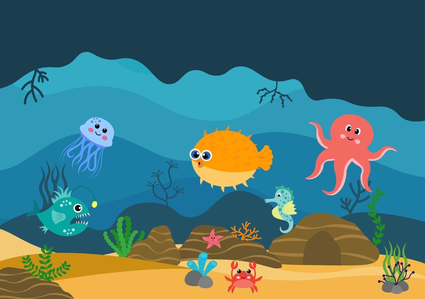 onderwaterlandschap en schattig dierenleven in de zee met zeepaardjes, zeesterren, octopus, schildpadden, haaien, vissen, kwallen, krabben. vector illustratie