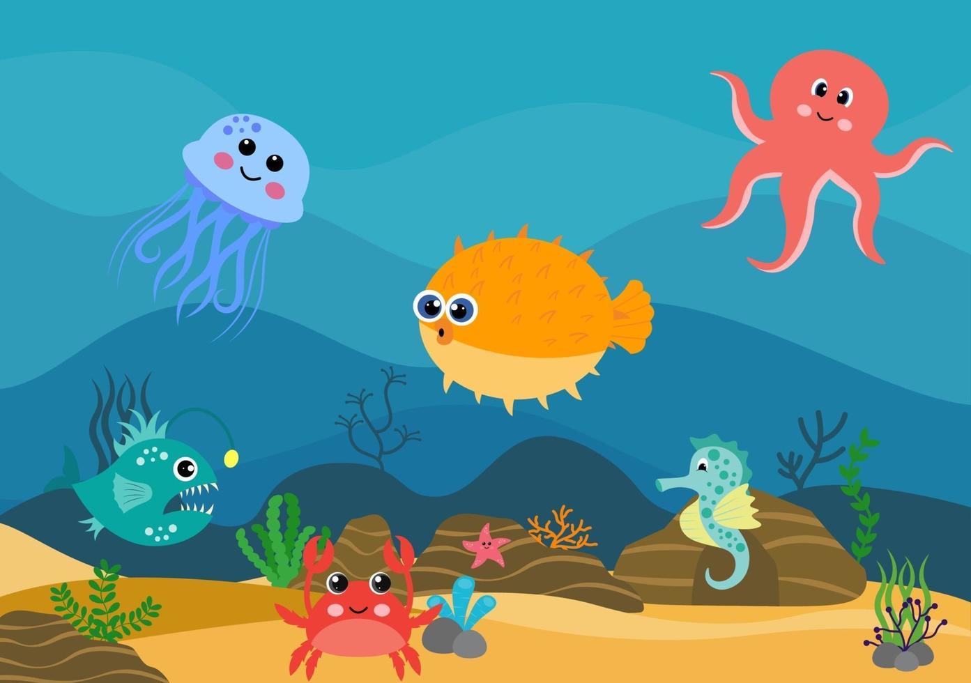 onderwaterlandschap en schattig dierenleven in de zee met zeepaardjes, zeesterren, octopus, schildpadden, haaien, vissen, kwallen, krabben. vector illustratie