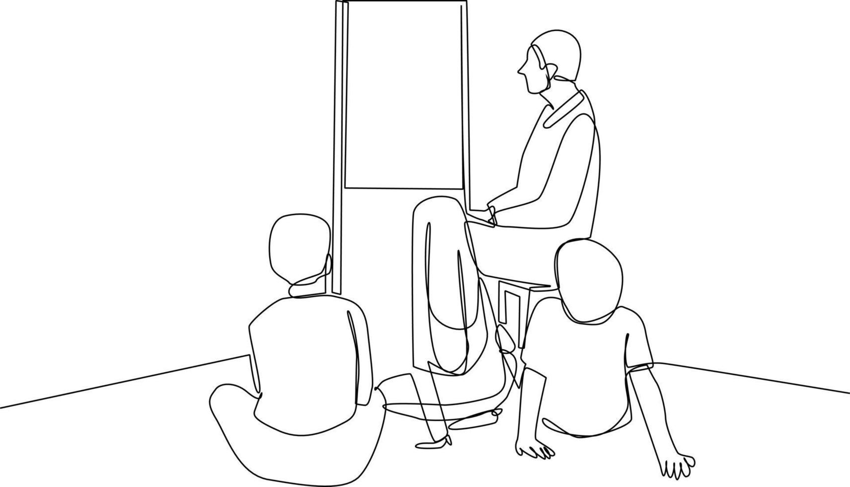 single een lijn tekening leraar en studenten studie terloops in klas. klasse in sessie concept. doorlopend lijn tekening ontwerp grafisch vector illustratie.