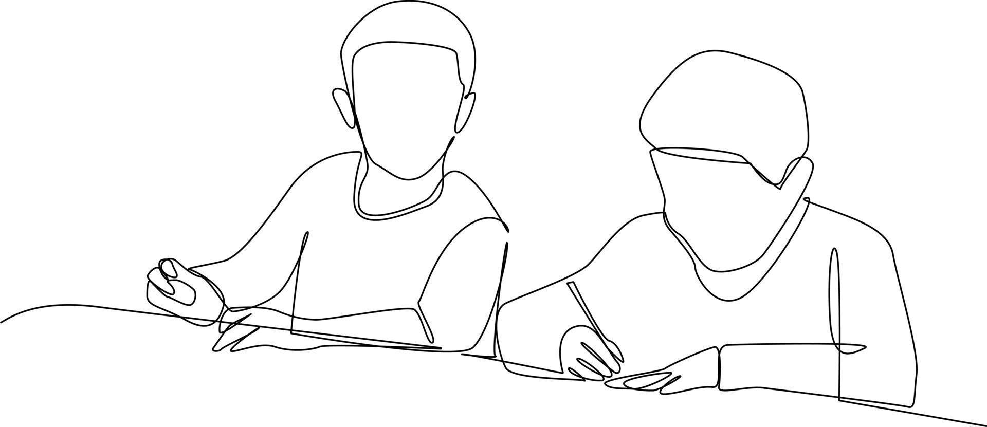 single een lijn tekening een leerling bedrogen Aan zijn vriend. klasse in sessie concept. doorlopend lijn tekening ontwerp grafisch vector illustratie.