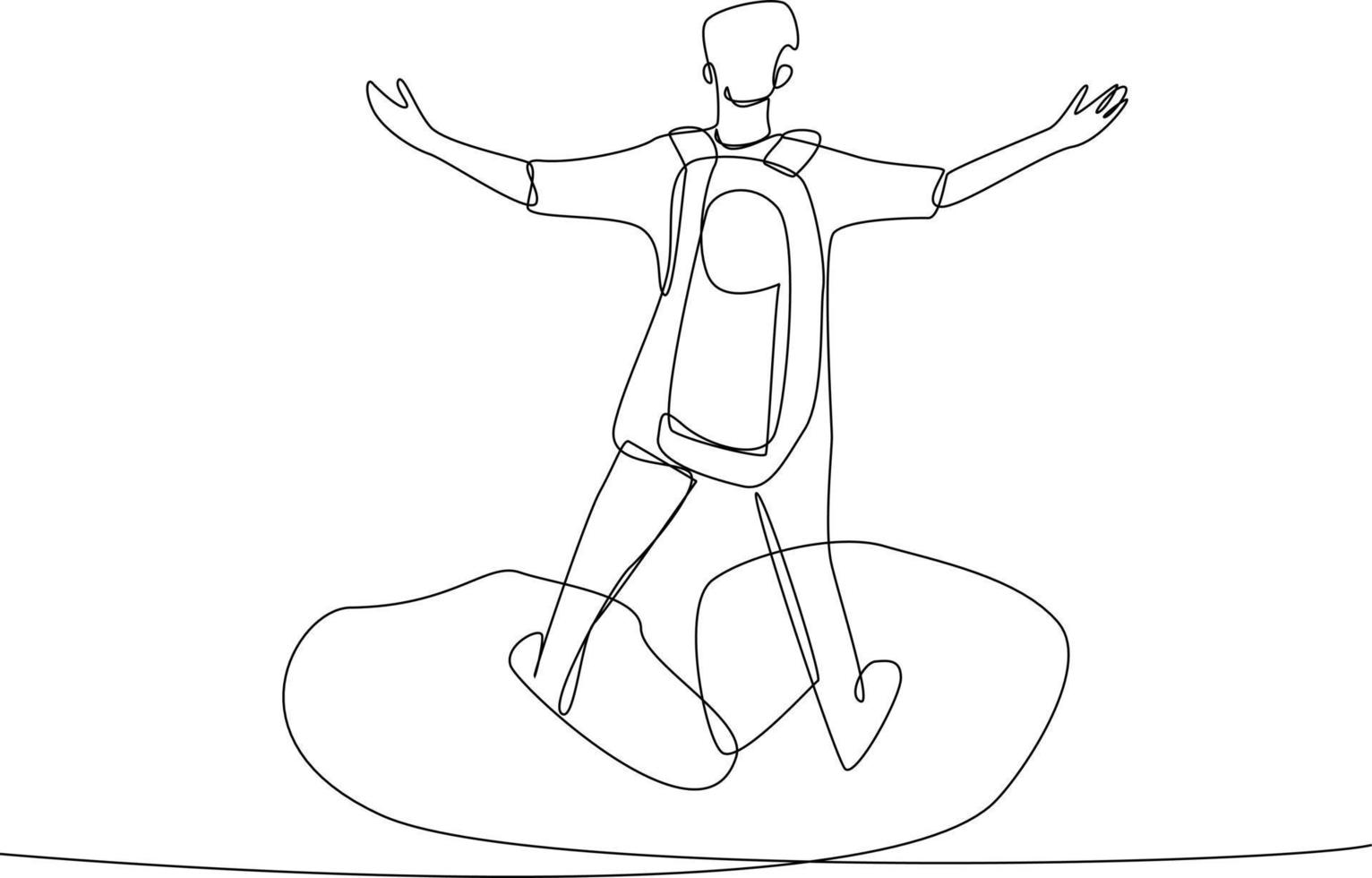 doorlopend een lijn tekening jongen genieten van de visie Aan top van de klif. ervaringsgericht in reiziger concept. single lijn tekening ontwerp grafisch vector illustratie