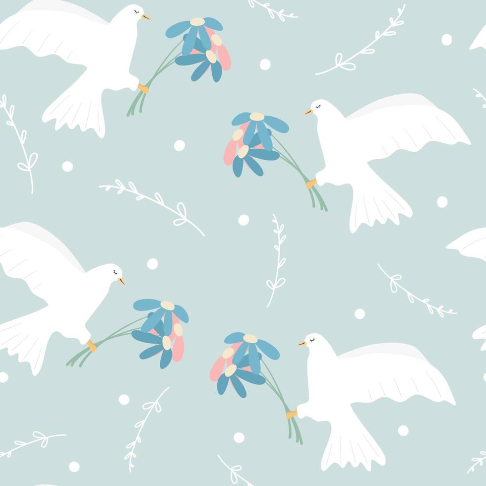 schattig naadloos vector patroon achtergrond illustratie met wit duiven van vrede vogelstand met kleurrijk madeliefje bloemen Aan pastel licht blauw achtergrond