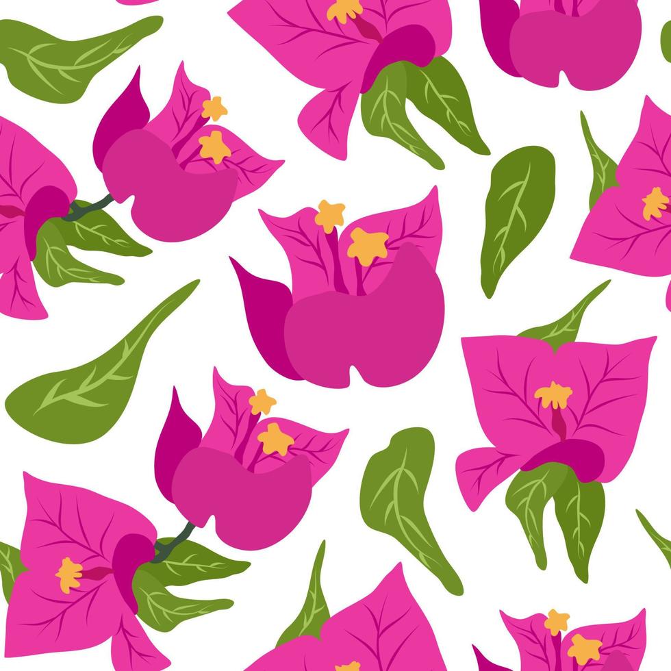 schattig hand- getrokken mooi abstract naadloos vector patroon achtergrond illustratie met roze bougainvillea en groen bladeren
