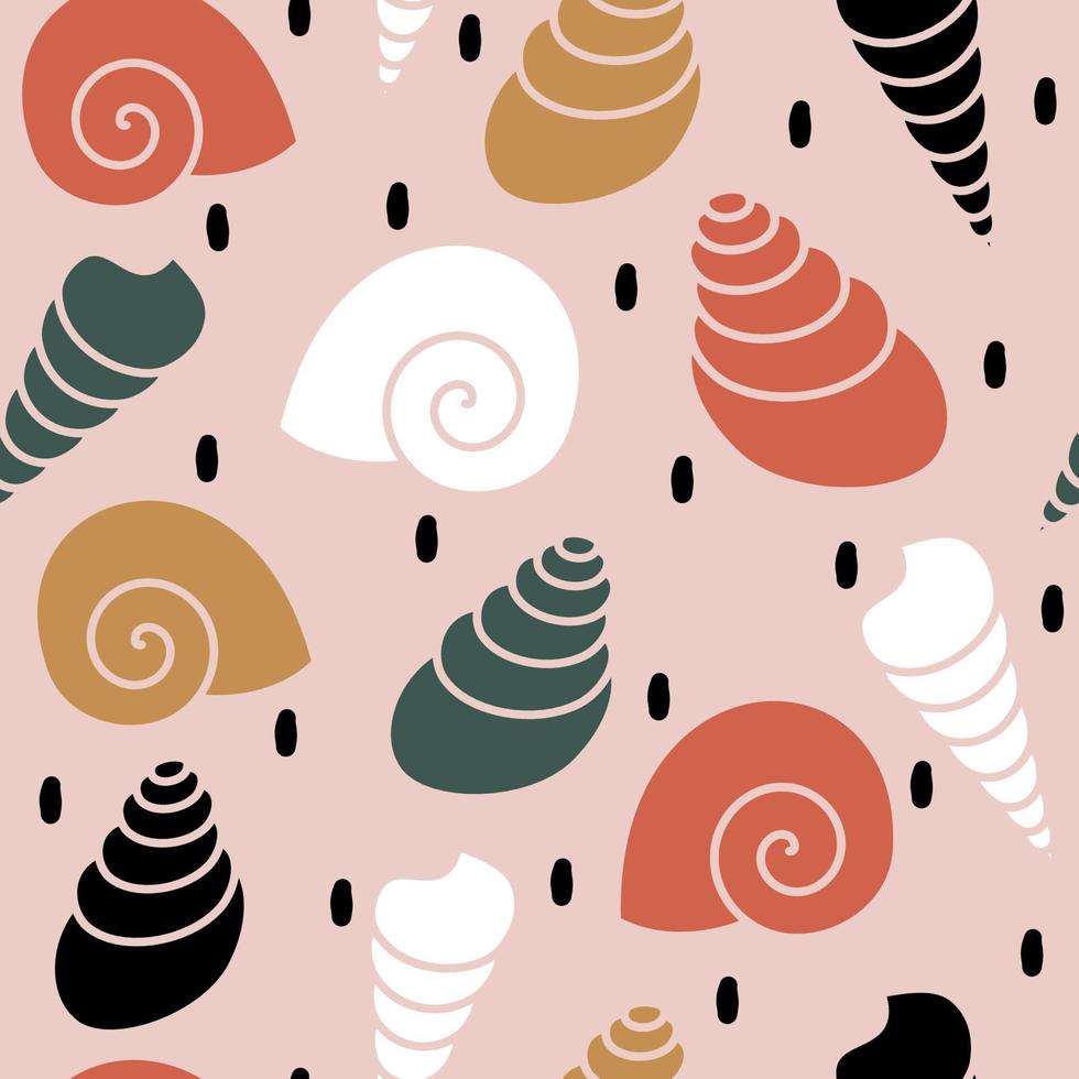 schattig hand- getrokken abstract naadloos vector patroon ontwerp illustratie met kleurrijk zeeschelp silhouetten en zwart confetti Aan roze achtergrond