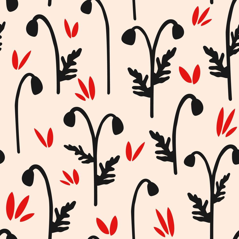 schattig hand- getrokken zwart papaver bloem bloemknoppen en rood gras kleurrijk abstract naadloos vector patroon achtergrond illustratie