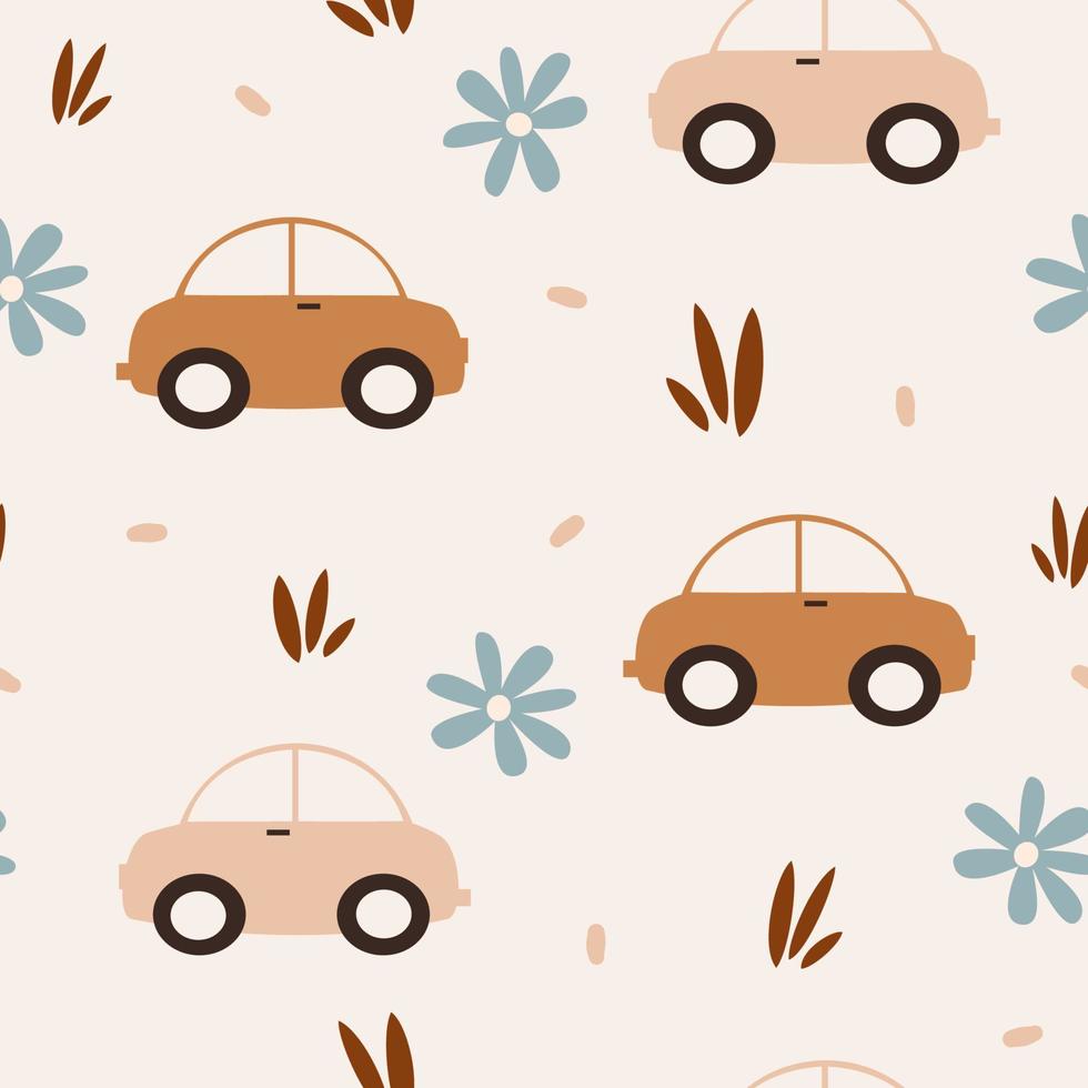 schattig pastel tekenfilm auto naadloos vector patroon achtergrond illustratie met madeliefje bloemen