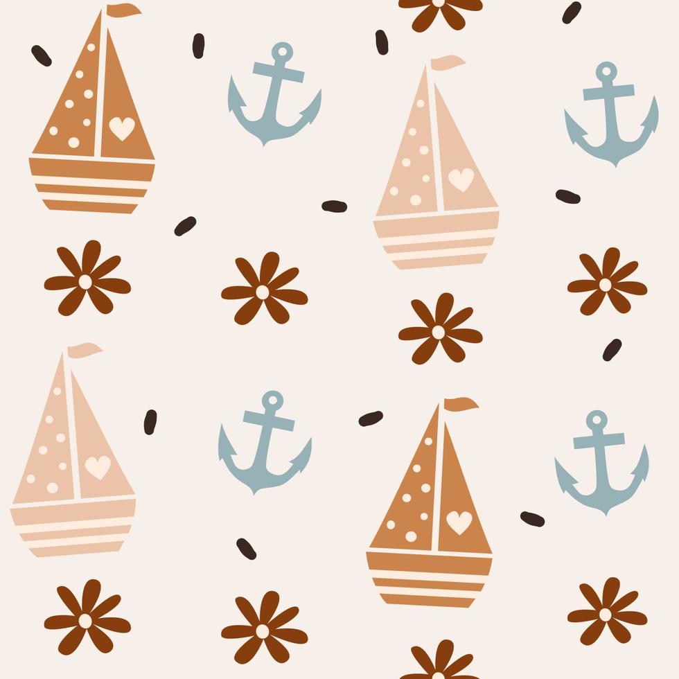 schattig kleurrijk zeilboot naadloos vector patroon met anker en madeliefje bloemen achtergrond illustratie