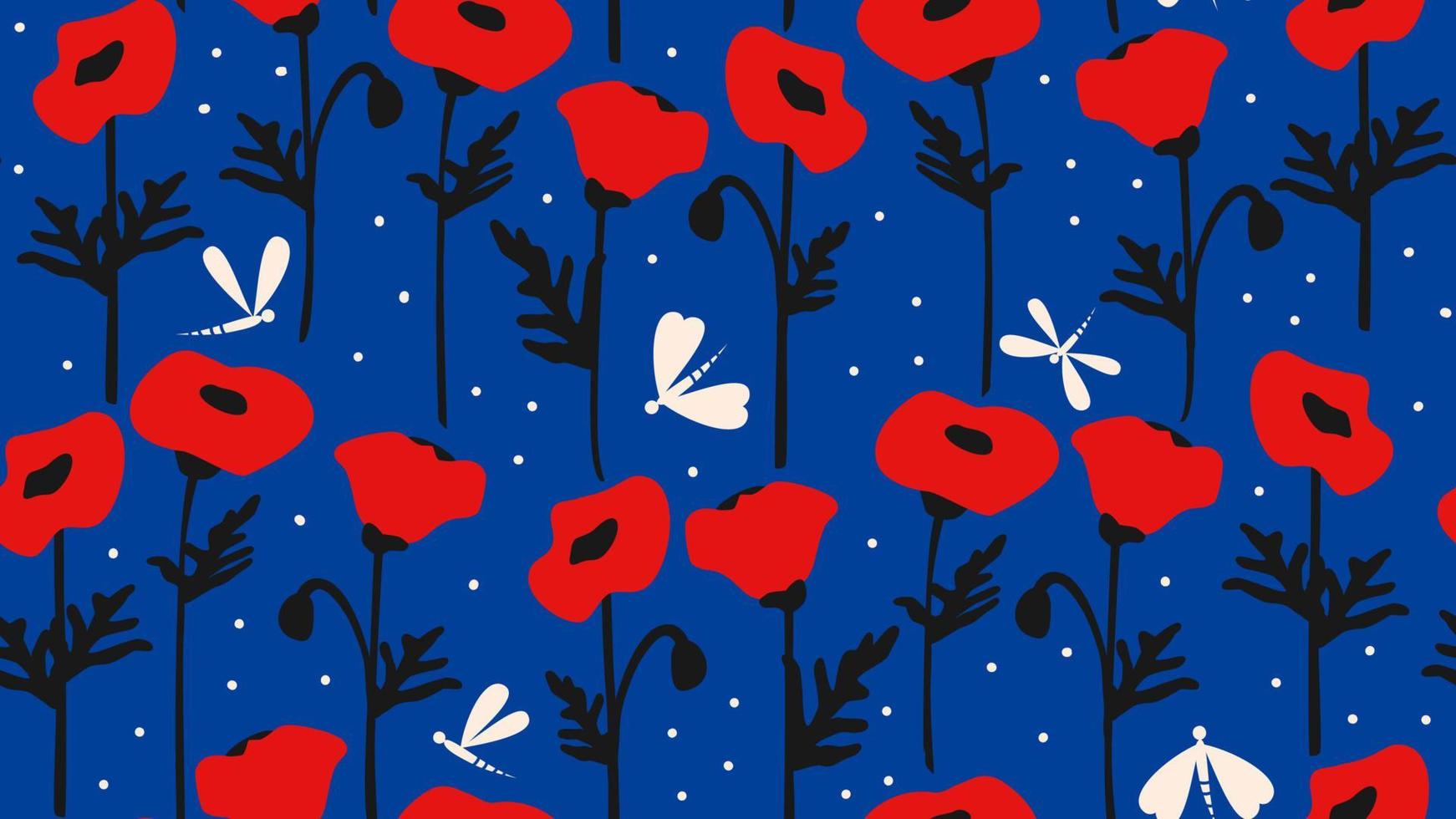 schattig hand- getrokken rood papaver bloemen nad libellen Aan levendig blauw achtergrond kleurrijk abstract naadloos vector patroon illustratie