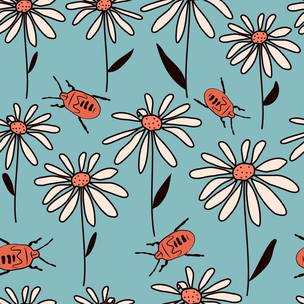 schattig abstract gemakkelijk naadloos vector patroon illustratie met kleurrijk madeliefje bloemen en rood insecten Aan blauw achtergrond