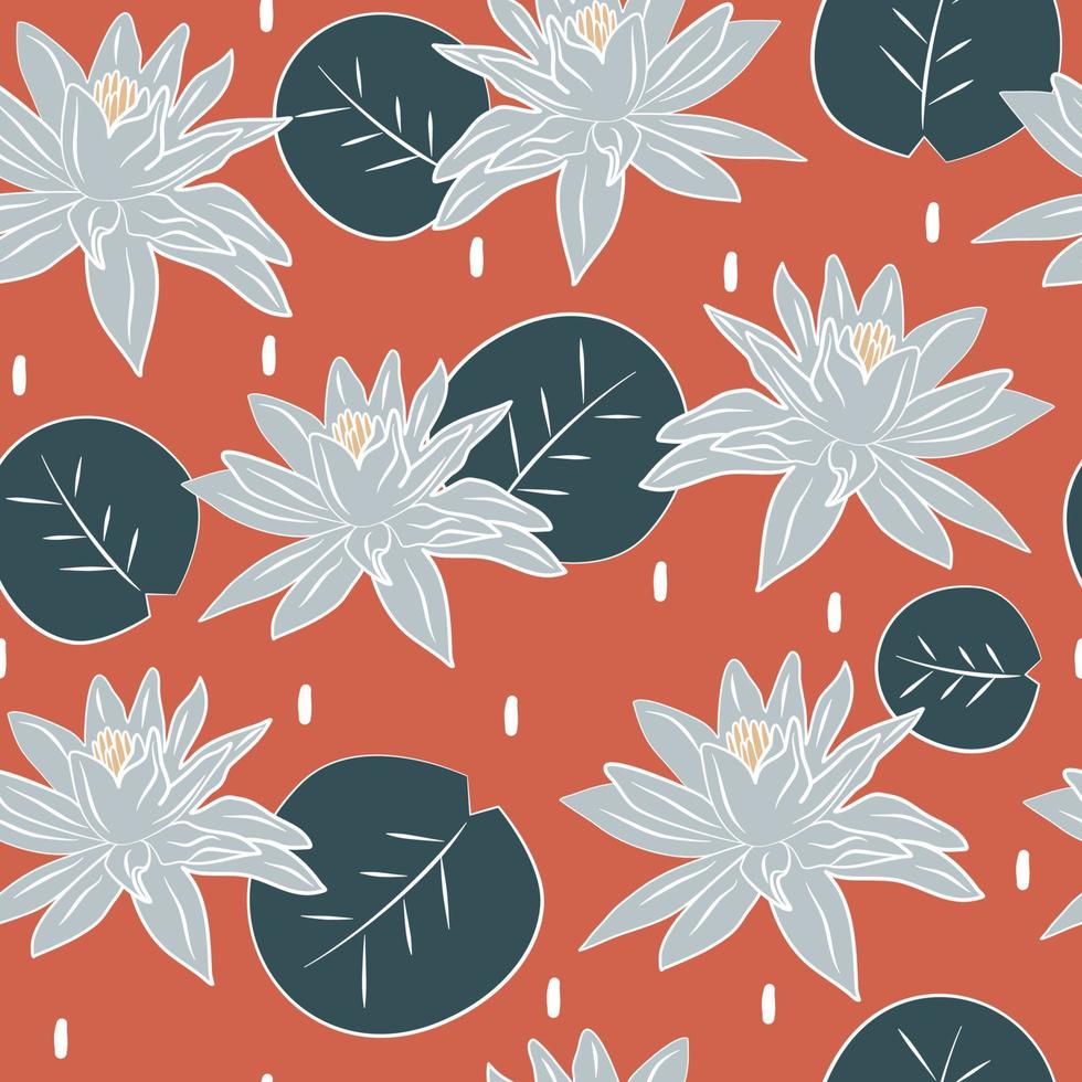 schattig kleurrijk modieus naadloos vector patroon illustratie met mooi lotus bladeren en bloemen Aan rood achtergrond