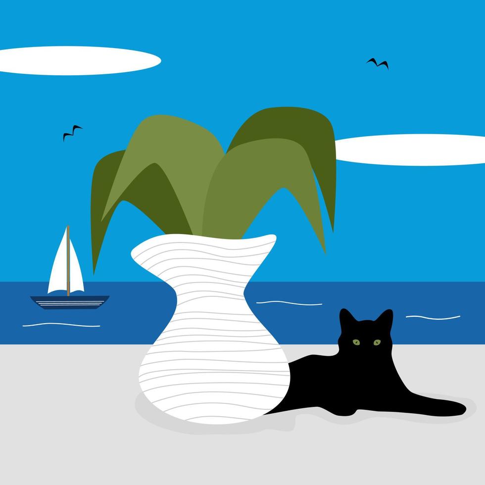 schattig tekenfilm zonnig dag Grieks landschap tafereel met kat, vaas met fabriek en zee vector illustratie