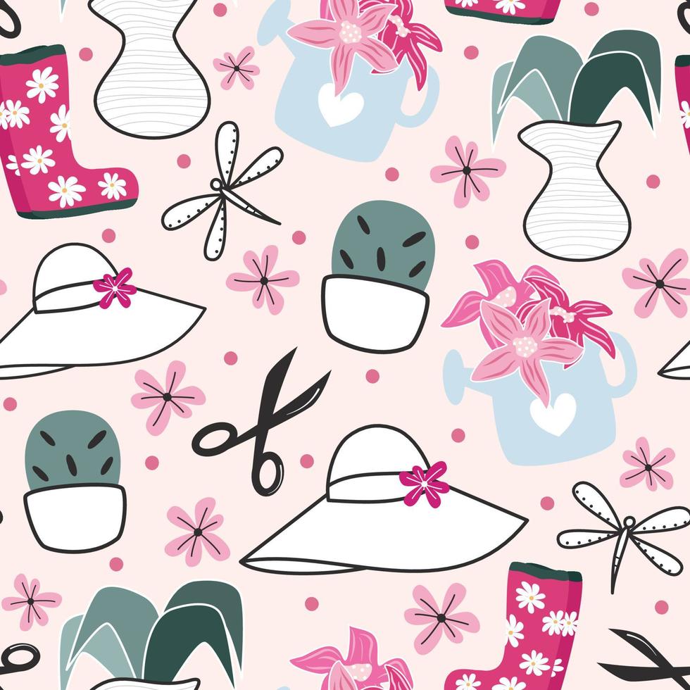 schattig lief mooi abstract naadloos vector patroon achtergrond illustratie met kleurrijk planten, meisjesachtig hoeden, schaar, libellen, rubber laarzen en bloemen