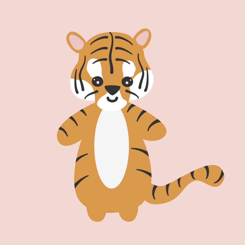 schattig tekenfilm aanbiddelijk hand- getrokken karakter baby tijger vector illustratie voor kinderen geïsoleerd Aan roze achtergrond