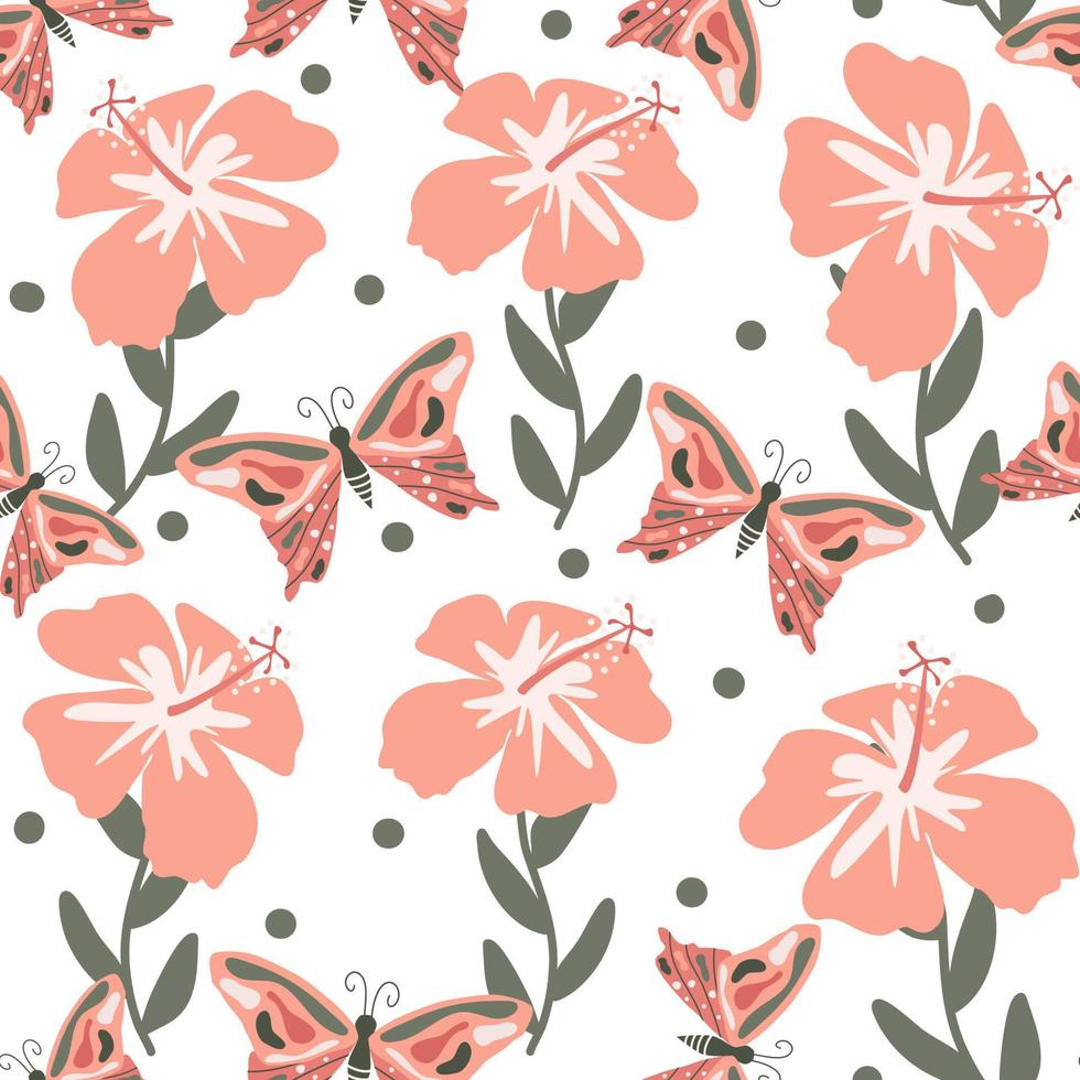 schattig hand- getrokken abstract naadloos vector patroon achtergrond illustratie met roze hibiscus bloemen, vlinders en dots