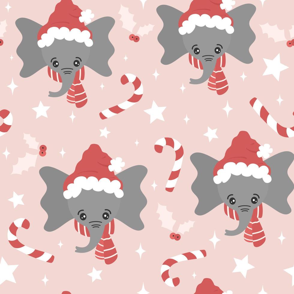 schattig winter vakantie hand- getrokken naadloos vector patroon achtergrond illustratie met tekenfilm karakter baby olifant met de kerstman claus hoed en sjaal, hulst, snoep riet en sterren