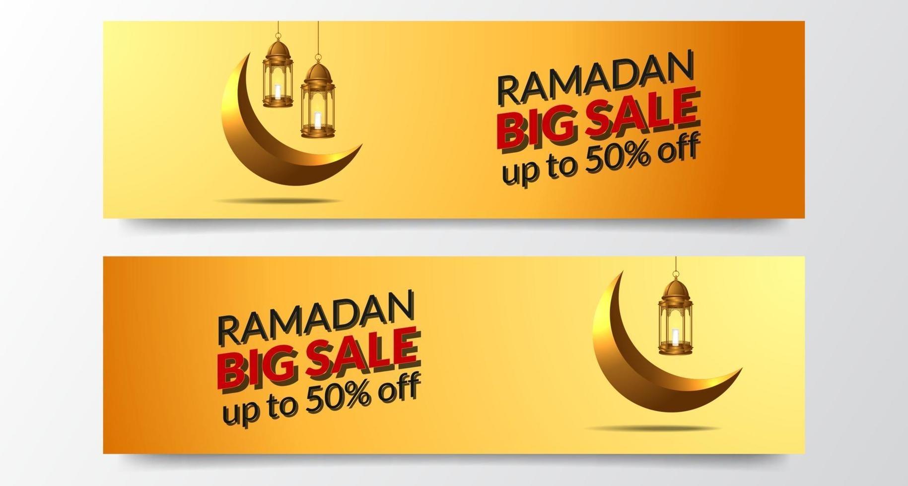 ramadan grote verkoop sjabloon voor spandoek met gouden lantaarn en wassende maan vector