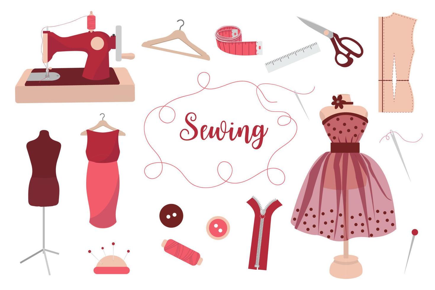 verzameling van naaien hulpmiddelen, naalden, draden, mannequin, naaien machine, hanger, meten plakband. handwerk, handwerk concept. vector illustratie