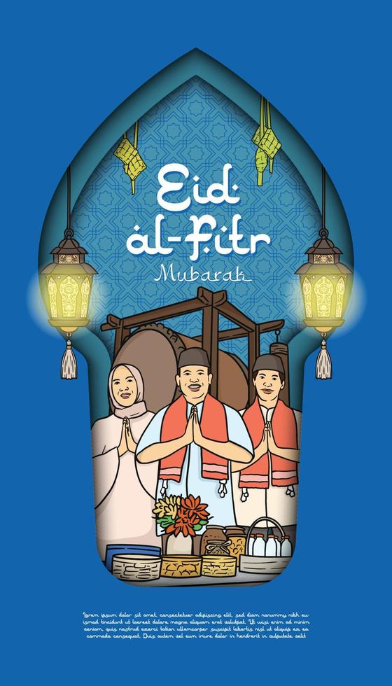 eid al-fitr met familie groet illustratie voor banier, sociaal media sjabloon of poster vector