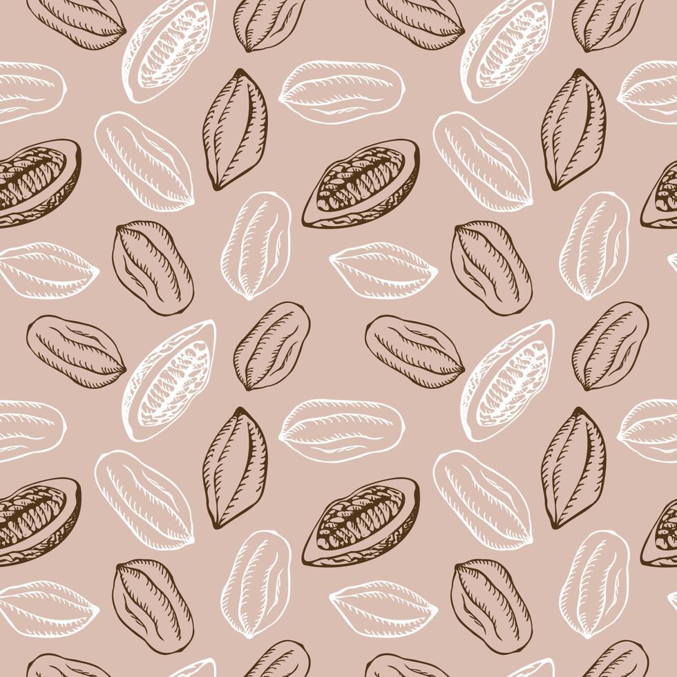 naadloos patroon met cacao fruit en cacao fabriek Aan een beige achtergrond. een veel van cacao, herhalen achtergrond, ornament. hand getekend. vector illustratie