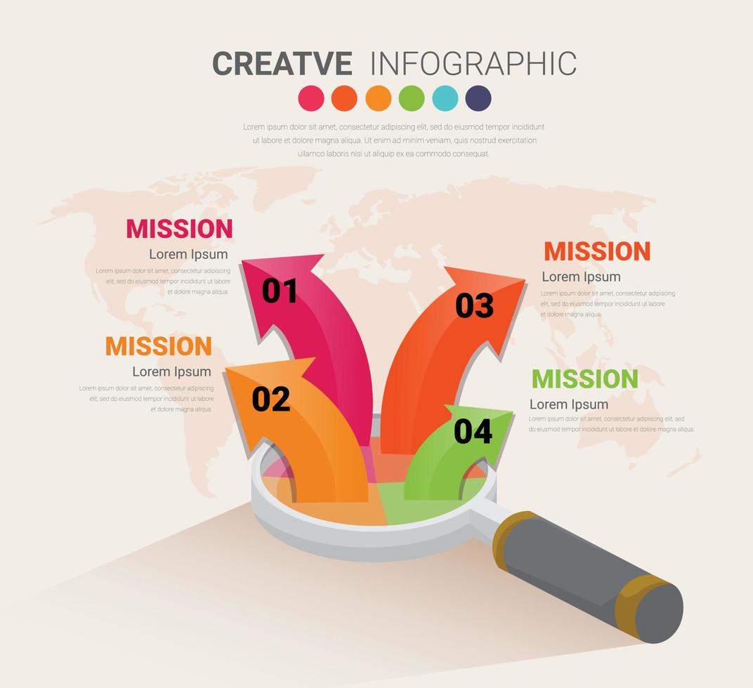 vergroten glas verdeeld in 4 onderdelen. gemakkelijk infographic ontwerp sjabloon. probleem analyseren en zoeken voor antwoord concept. vector