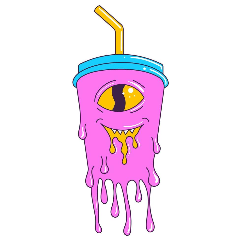 psychedelisch retro tekenfilm Frisdrank karakter. modern sticker met Frisdrank, drankje. grappig gezichten en levendig kleuren. vloeiende textuur. gek vector illustratie.