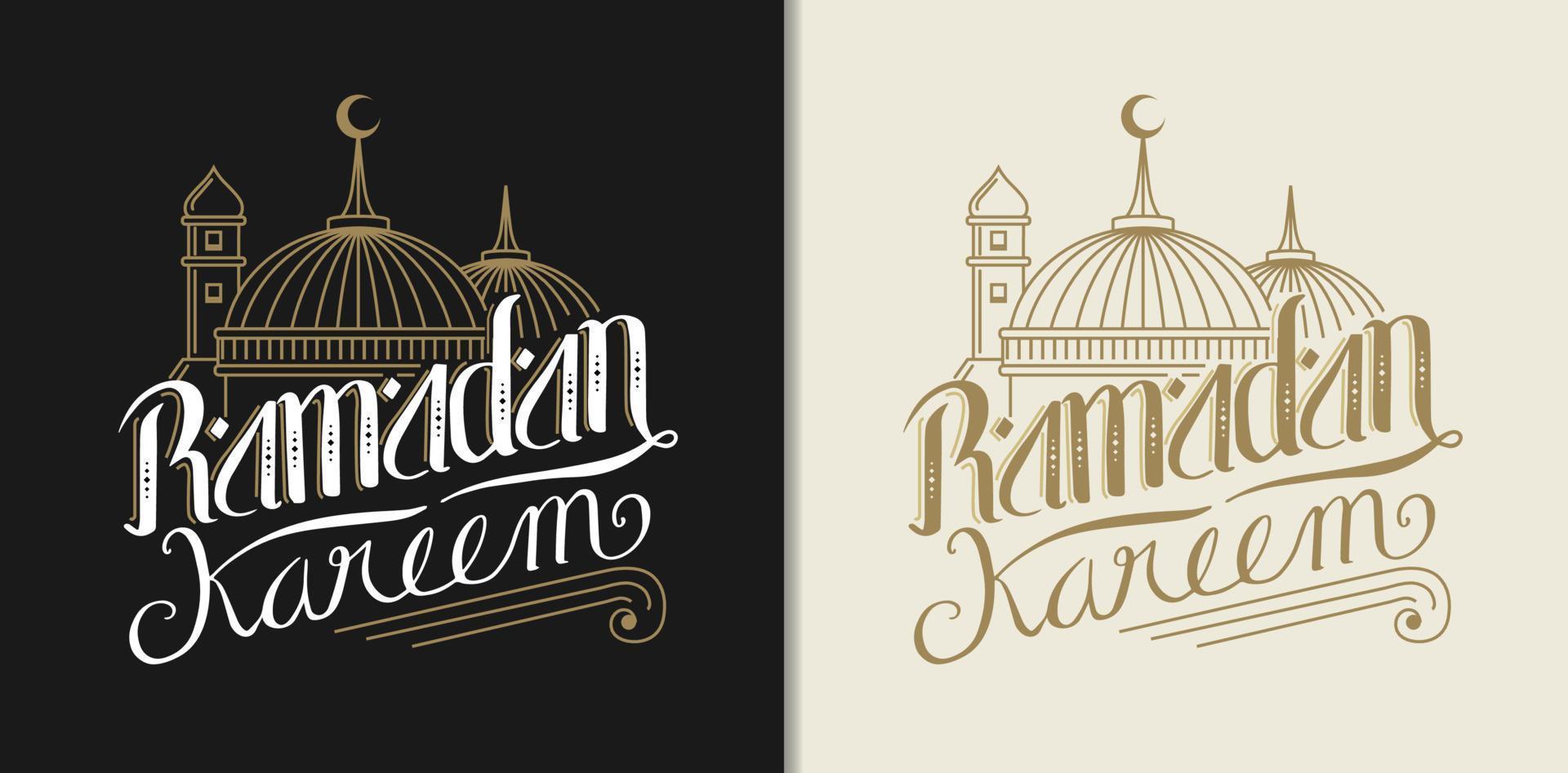 luxueus Ramadan kareem schoonschrift versierd met mooi moskee ornament vector