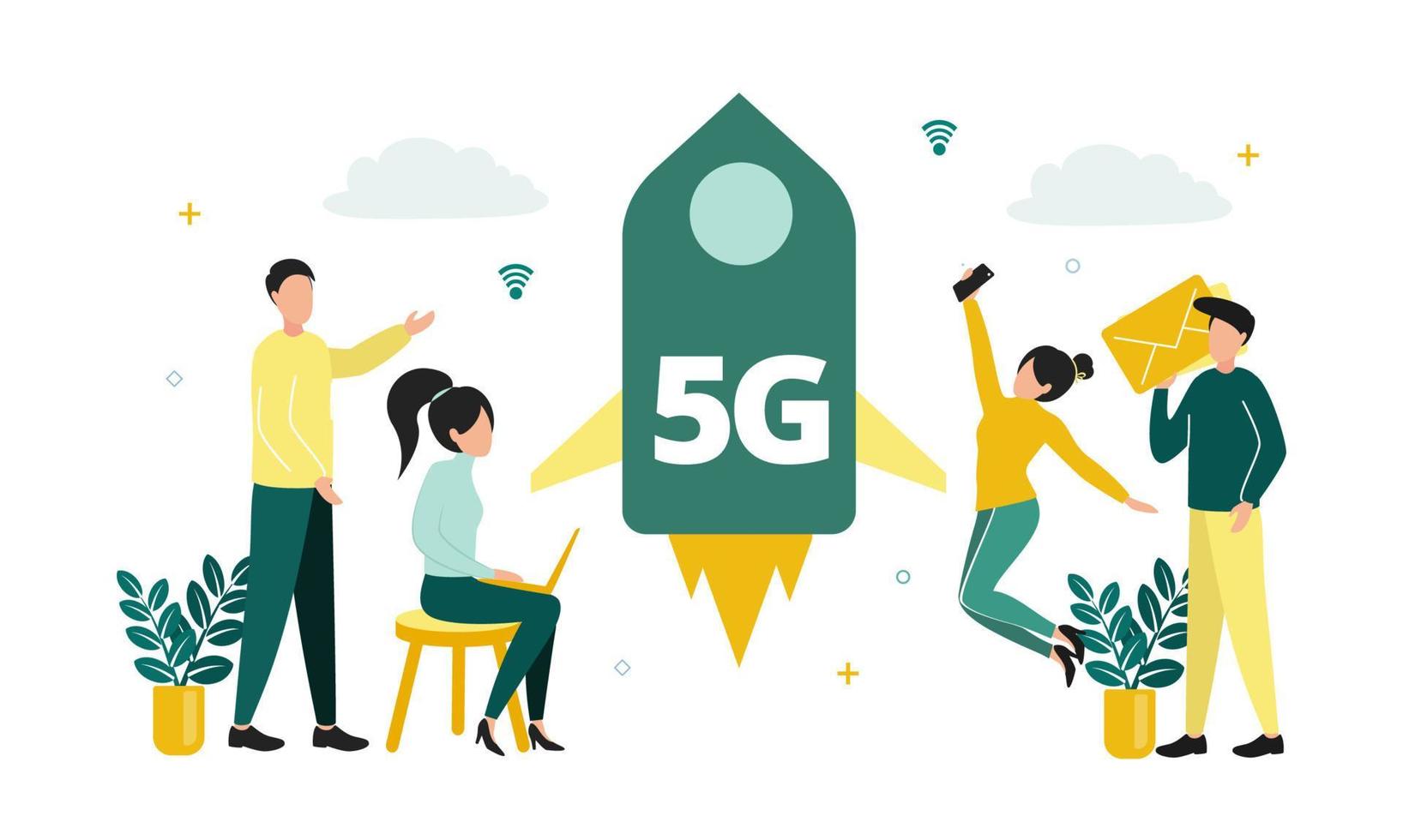 vector illustratie van 5g internetten. mannen en Dames met een smartphone, laptop en een envelop in de buurt een raket met een 5g teken, Aan de achtergrond van netwerk pictogrammen, wolken, planten.