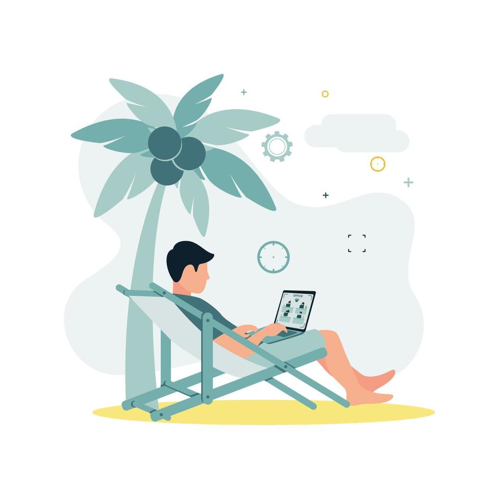 kabeltelevisie. een vector illustratie van een Mens zittend Aan een dek stoel onder een palm boom met een kokosnoot Aan de strand, Holding een laptop in zijn handen.